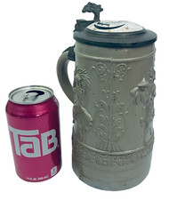 Antique German 1L Beer Stein High Relief Pottery stein Zur Erinnerung Inlay lid
