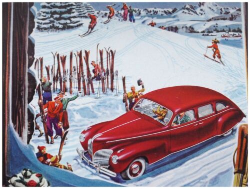 8877.Red car in snow.people in ski resort.POSTER.art wall decor graphic art - Afbeelding 1 van 1