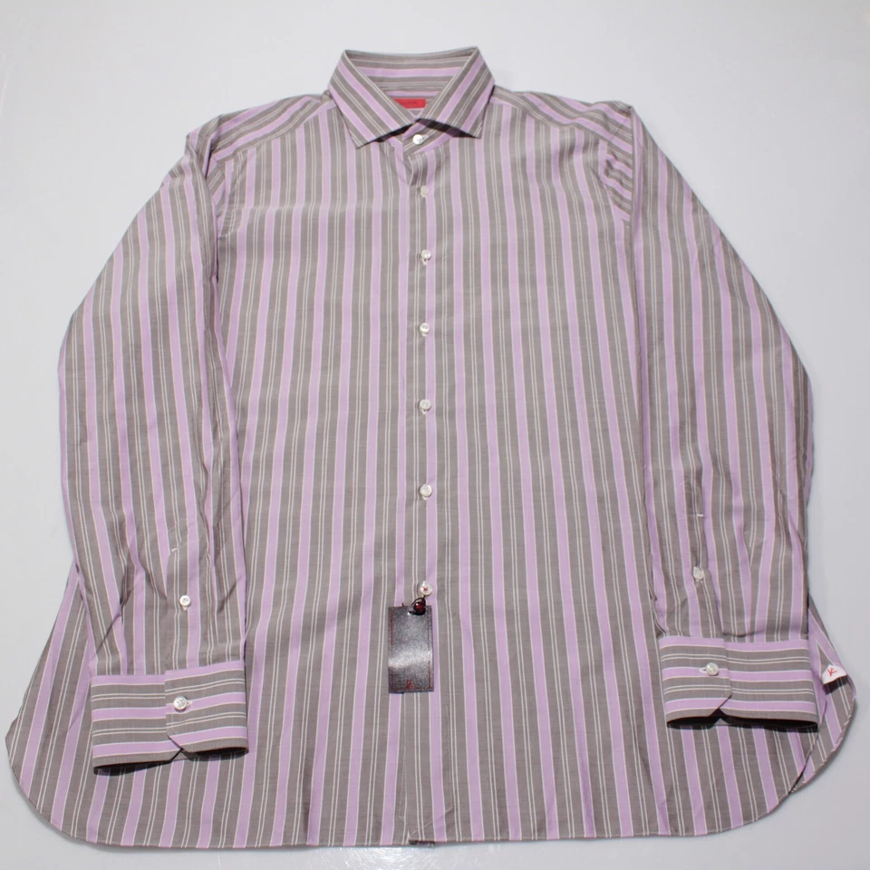Camisa de vestir Isaia nueva con etiquetas talla 46 18,5 en rayas moradas/marrones/blancas 100 % algodón Foto 3 de 4