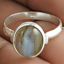 Natural Labradorite 925 Solid Silver Handmade Cocktail Bezel Ethnic Ring US 7