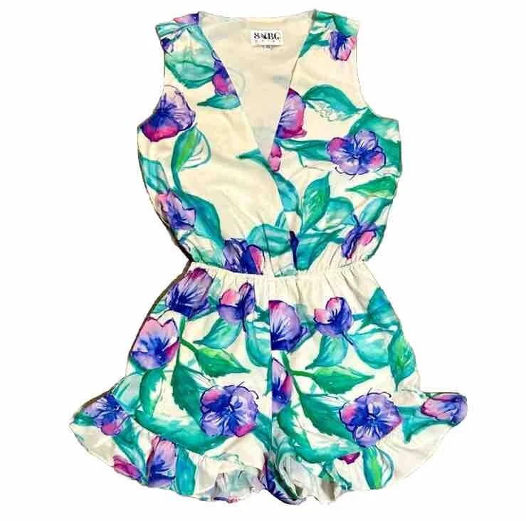 Sabo Skirt Green Purple Floral V-Neck Stretch Faux Wrap Shorts Romper Size XS - Image 2 of 4