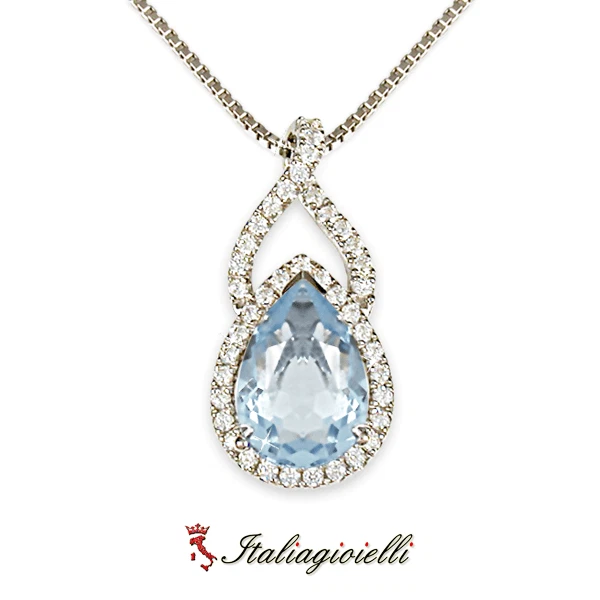 Incantevole Collana Goccia Acquamarina in Argento 925 Rodiato Oro Bianco - Immagine 3 di 4