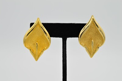Vintage Leaf Clip Earrings Matte Brushed Gold Textured Metallic NOS 1980s 9I