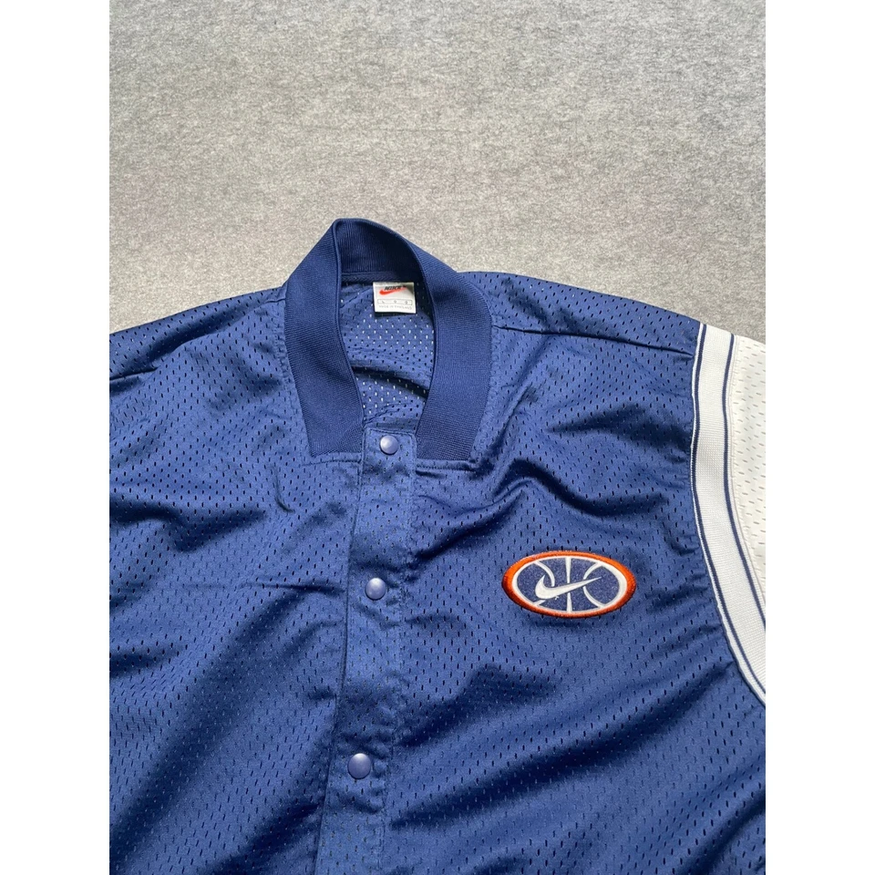 复古耐克篮球纽扣球衣衬衫网眼刺绣标志蓝色橙色 L — 第 2/4 张图片