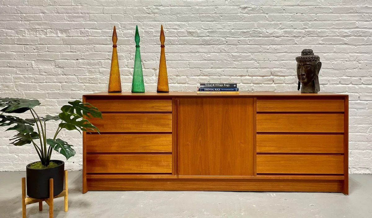 LONG Mid Century Modern Teak DRESSER CREDENZA by Falster c