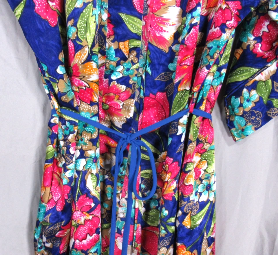 Винтажный CALIFORNIA DYNASTY синий/мульти атласный цветочный галстук ремень/карманы гостиной халат размер L - Изображение 4 из 4