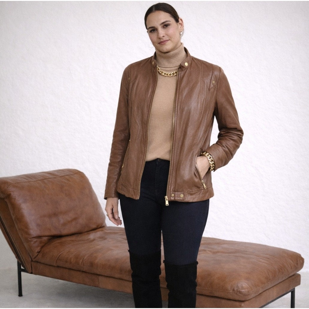 MASSIMO DUTTI 100% Leather Sheepskin Moto Bomber Jacket Cognac Brown Sz M $690