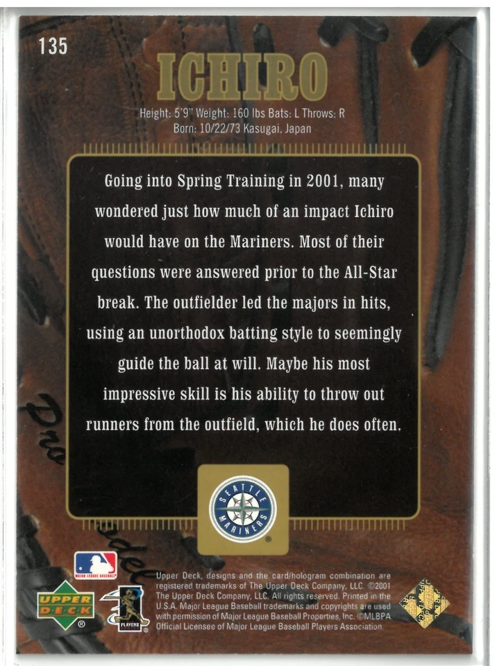 2001 Upper Deck Gold Glove Ichiro Suzuki Golden Debut Rookie RC #/500 SP #135 - Image 2 of 2