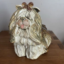 Large Vintage Majolica Glazed Shih Tzu Dog Figure Kitschy Retro Cottagecore 8x10