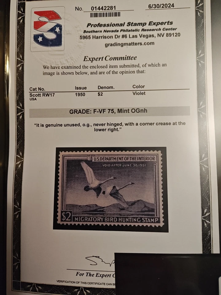 Certified By PSE #RW17 — 1950 Federal duck stamp ( Fine/Very Fine ) - Image 2 of 3