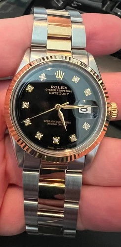 ROLEX 36MM PRE OWNED 14K Gold/Steel Vintage Datejust Black  dial 1601 Perpetual