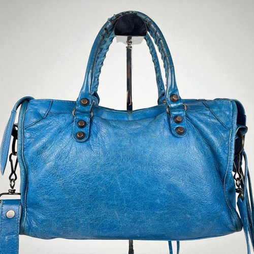 AUTÉNTICO BALENCIAGA City The First Bolso de Hombro 2 Vías Bolso de Mano de Cuero Azul sin Espejo - Imagen 5 de 18