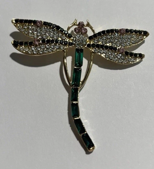 Broche Libélula Cristal Brillante Verde Baguette Cuerpo Multicolor Piedra Tono Dorado Foto 3 de 3