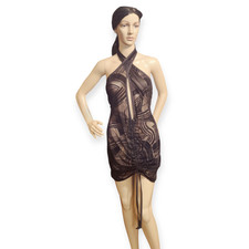 Pretty Little Thing black lace Criss cross halter mini lace sheer medium large