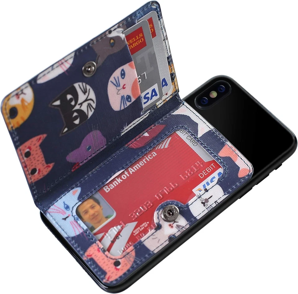 Cartera de cuero para teléfono adhesiva para la mayoría de los teléfonos celulares portatarjetas azul gato Foto 3 de 4
