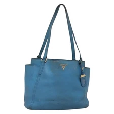 PRADA Tote Bag Leather Blue Gold Auth yk18608