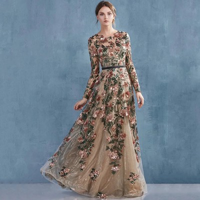 Elegant O-Neck LongSleeve Evening Dress Sequins Flower Women Party Banquet Gowns