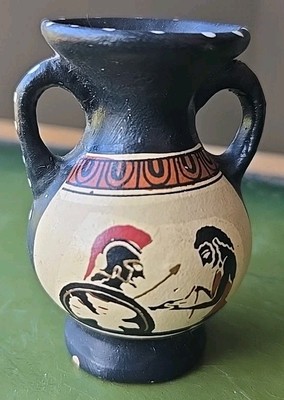 VTG Signed Pottery 2.5'' Miniature Urn No 0,46 Hand Made In Greece Black Beige