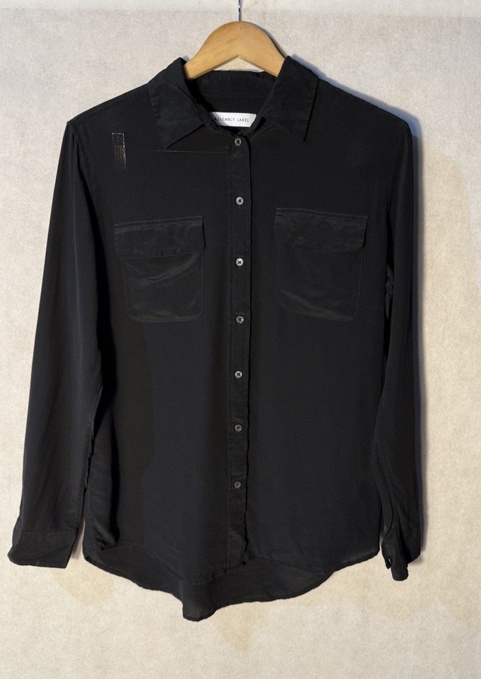 Ladies 10 Assembly Label Shirt 100% Silk Black Button Up