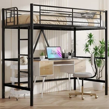 Metal Loft Bed Twin Size with Removable Ladder and Safety Guardrail, No Box Spri