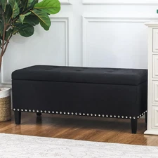 41 Inch Storage Ottoman Bench, Cotton Linen Rectangle Tufted Long Foot Stool for