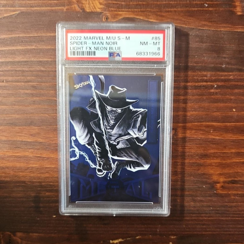 2022 Marvel Metal Universe Spider-Man Noir Light FX Neon Blue PSA 8 #85