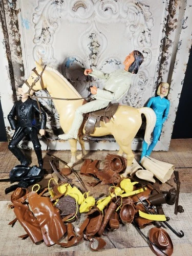 VTG Marx Toys, Horse 3 Action Figures & Accessories, Johnny West Lot USED