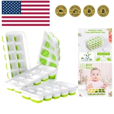 Ice Cube Tray with Lids - 4 Pack Stackable Silicone Ice Trays for Freezer, BP...