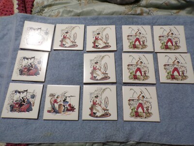 Made in Spain Onda Folk Lore Tile 6x6 Lot of  13 Trivet ? White Working Colonial