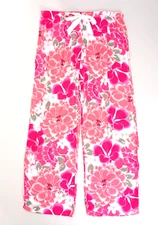 NEW Josie Natori Pink Floral Print Lounge Pant Satin Drawstring Sz M