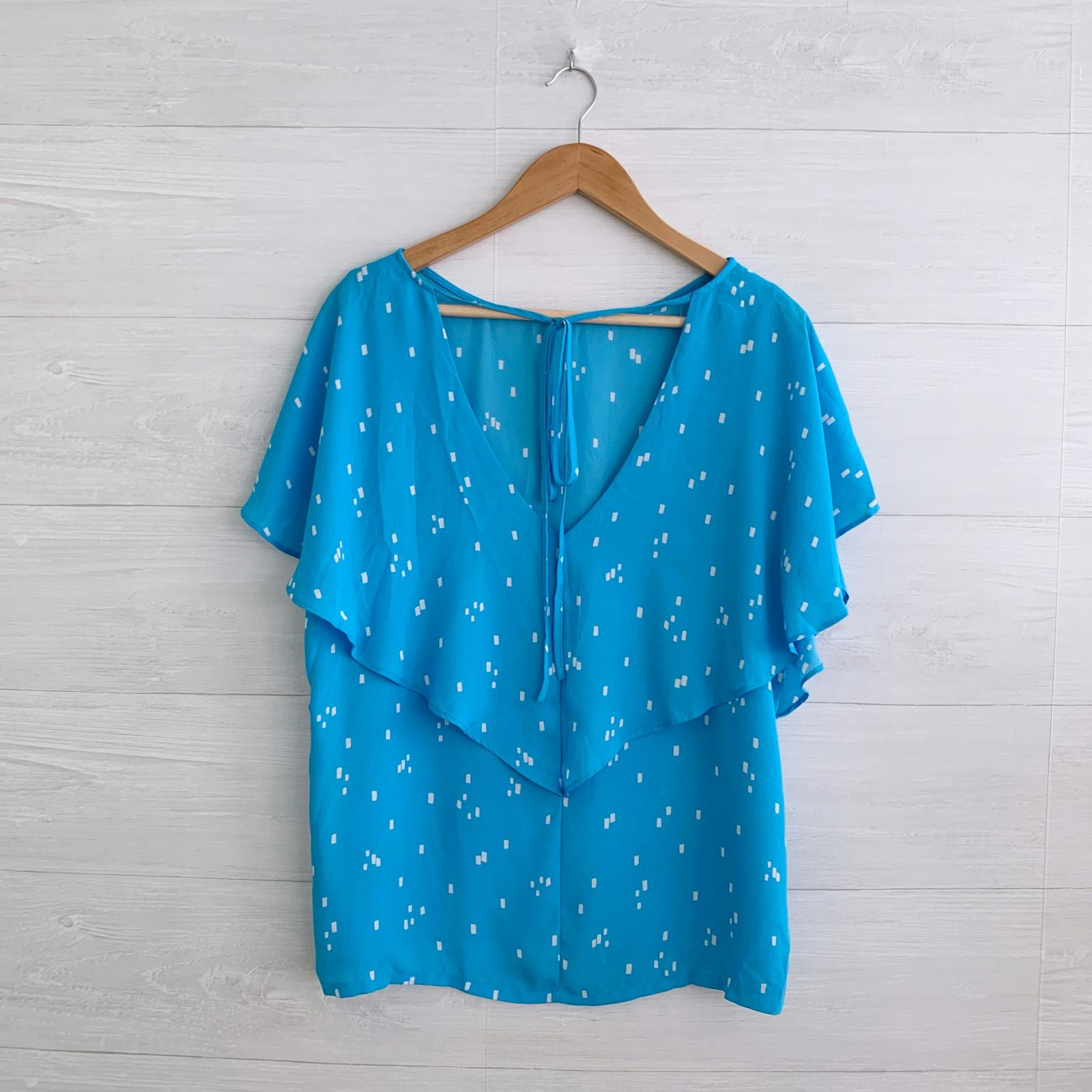 LOFT - Blue white square pattern flutter sleeve t… - image 4