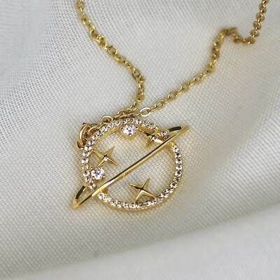 1 Ct Moissanite Satellite Saturn Planet Pendant 14K Yellow Gold Plated Silver