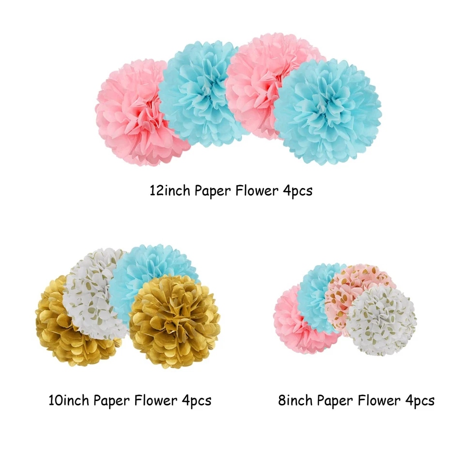 Pompones de tejido dorado rosa-azul 12 piezas revelación de género Baby Shower cumpleaños Foto 4 de 4