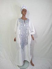 HD Embroidery White/Silver Dress Bold African Boubou Kaftan Dress Party Gown.