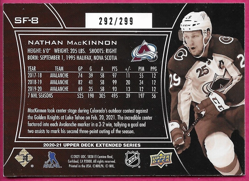 2020-21 Upper Deck Extended Series NATHAN MACKINNON #SF-8 SPx Finite 292/299 - Image 2 of 2