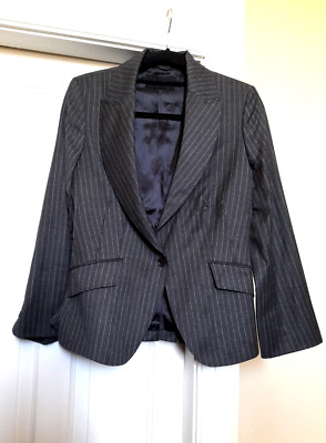 JAEGER DAMEN GRAU NADELSTREIFEN WOLLMISCHUNG JACKE UK 12 SEHR GUTER ZUSTAND