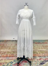 Antique Victorian Edwardian White Cotton Tea Dress  Floral Embroidery W/ Lace