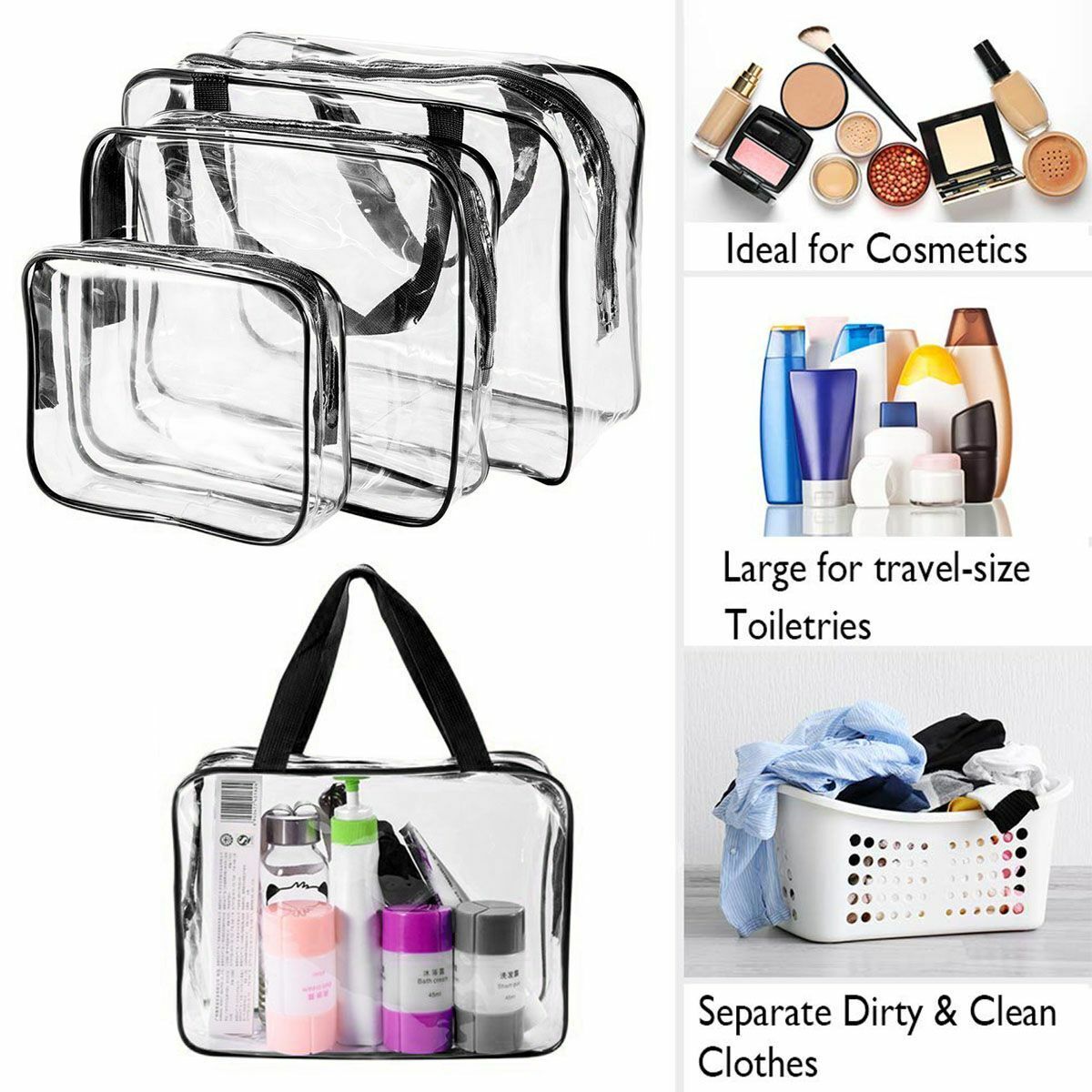 3PCS Travel Transparent Cosmetic Makeup Storage Bag Toiletry Organizer S+M+L