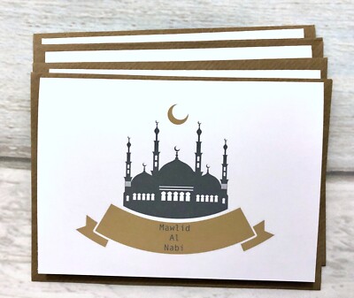 Islamisches Happy Eid Mawlid Al Nabi Mubarak 4er Pack Karten (innen leer) Milad Un