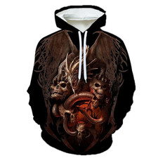 Gothic Skull Dragon Hoodie   3D Dark Fantasy Pullover with Bones  Fire Artwork