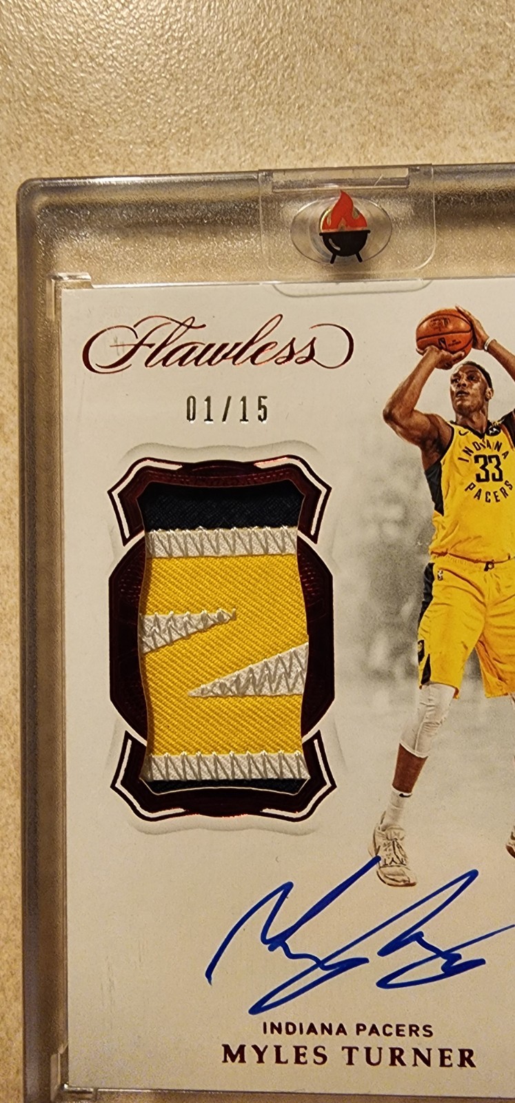 Myles Turner 2018-19 Panini Flawless Ruby Auto Patch Limited #1/15 Game Used view 2