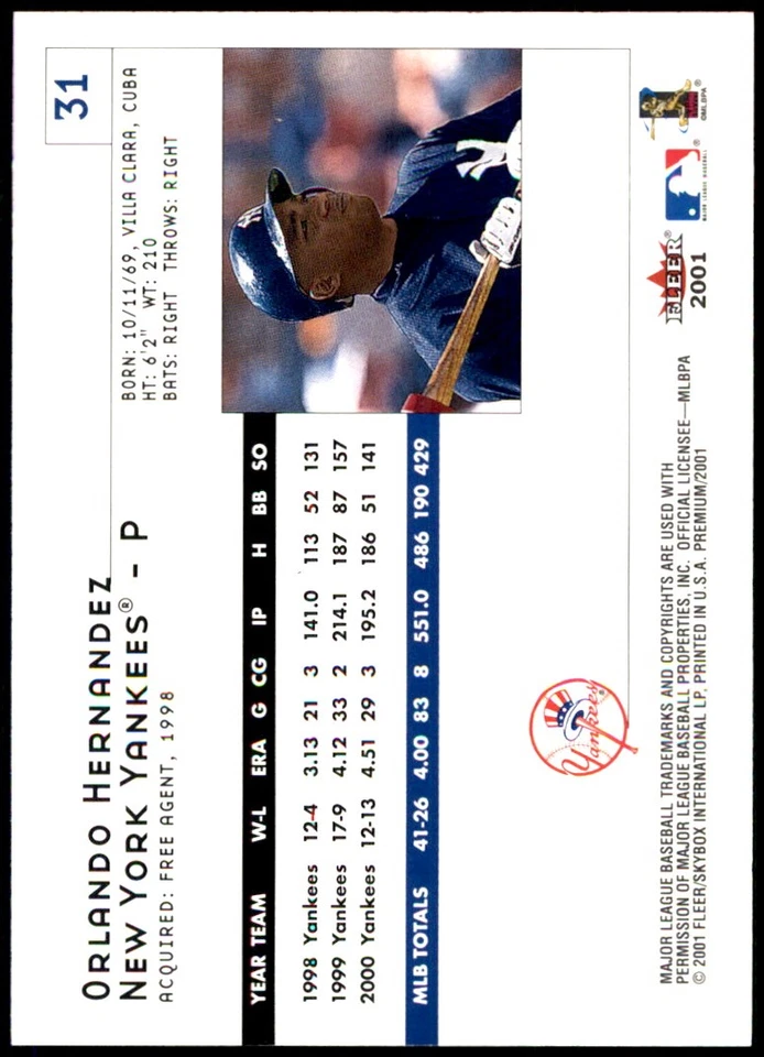 Orlando Hernandez 2001 Fleer Premium #31 Yankees MLB READ FREE SHIP AutographDen - Image 2 of 2
