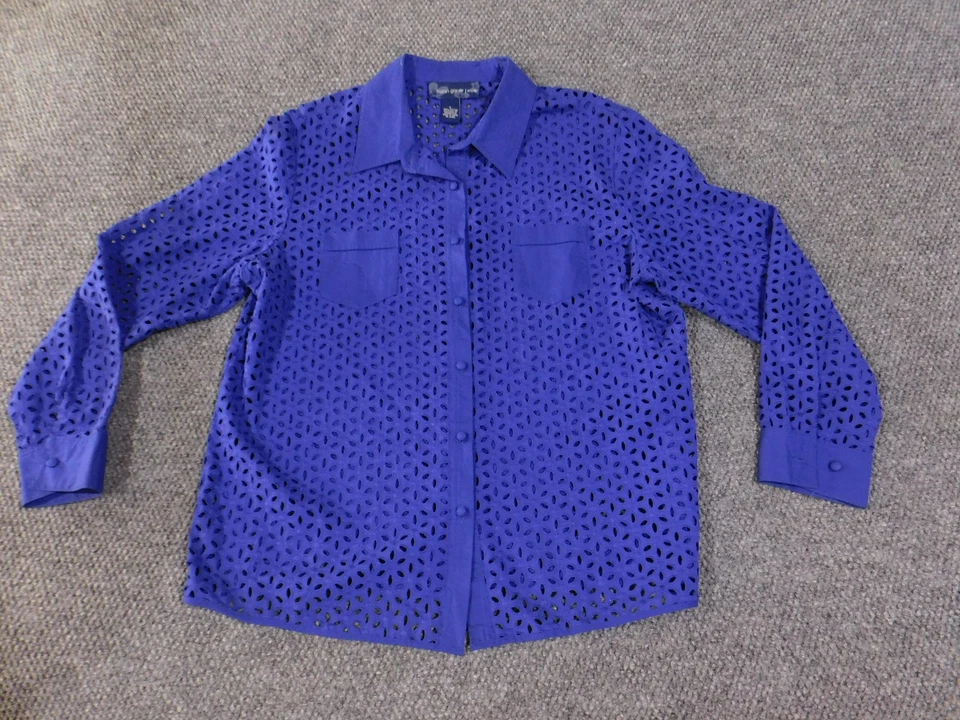 Camisa Susan Graver Mujer Grande Azul Ojales Abotonados Manga Larga Blusa Algodón Foto 3 de 4