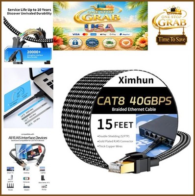 Cat 8 Ethernet Cable 15FT 40Gbps 2000MHz RJ45 Flat Braided High Speed Internet
