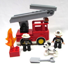 Lego DUPLO Fire Truck Ladder 2 Firemen Dog Fire Shovel Lot 12 Pcs