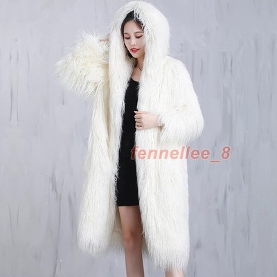 Women's Faux Fur Long Coat Hooded Fluffy Loose Warm Casual Elegant Fashion Retro