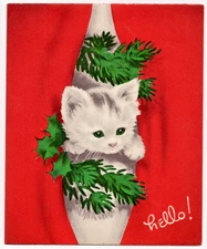 Vintage Christmas Card, 1950's Fluffy White Kitten with Holly "Hello!" NORCROSS