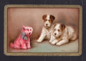 1 Single Swap Playing Card CUTE TERRIER PUPPY DOG + STUFFED ANIMAL TOY DECO VINT