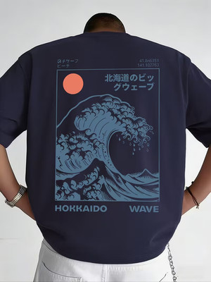 Herren Hokkaido Wave T-Shirt japanische Grafik Tee Ozeankunst Freizeitkleidung Oberteil