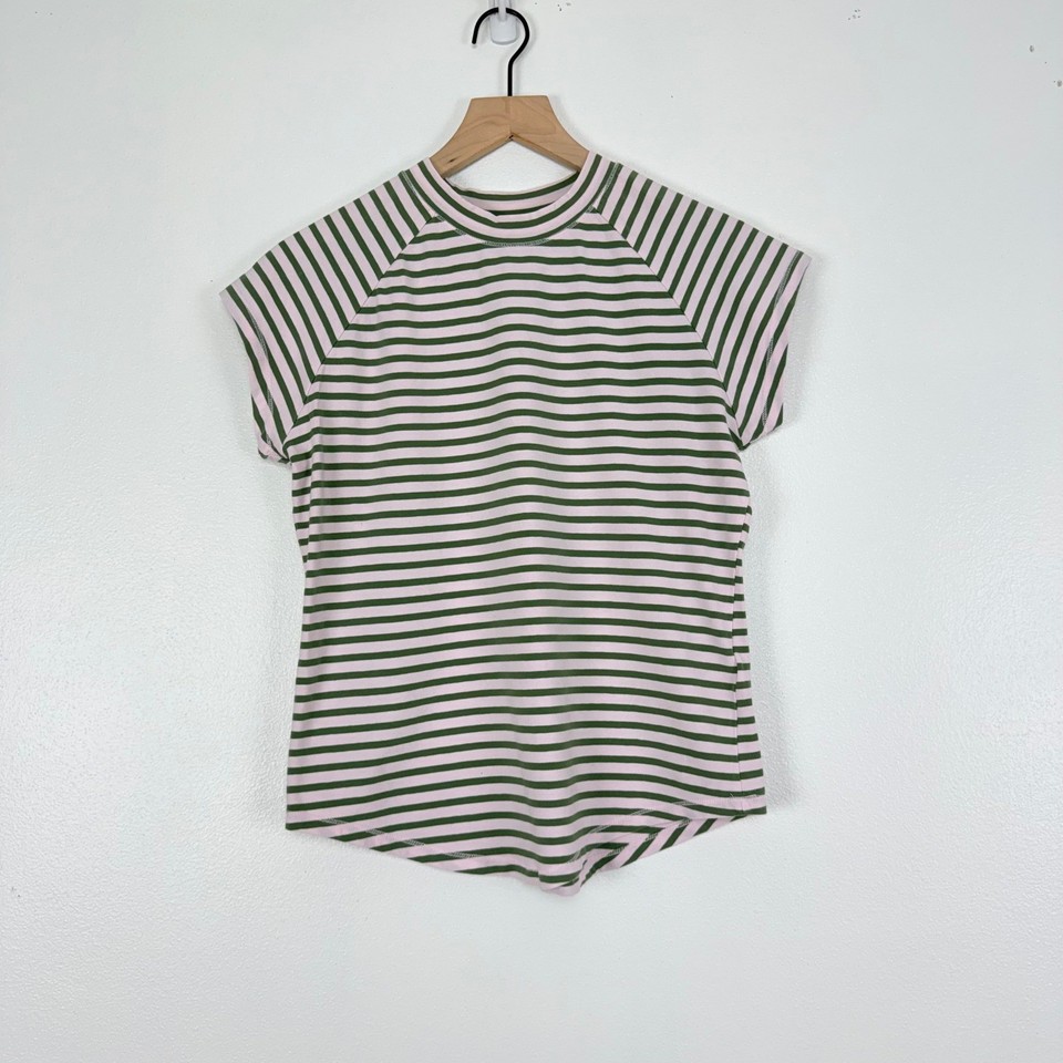 Pilcro Striped Raglan Tee Womens L Pink Green Short Sleeve Cotton Top Stretch